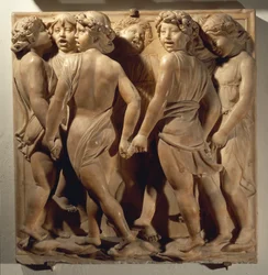 Laudate Eum in choro (Salmo 150, Laudate Dominum), pannello con ragazzi che cantano e ballano in cerchio