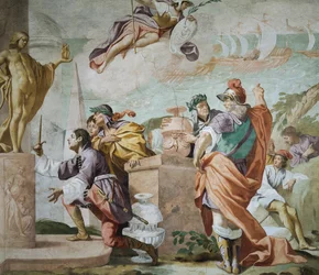 Licaone, figlio di Antenore, che consacra il pugnale di Apollo a Delfi, Episodio del Mito di Antenore