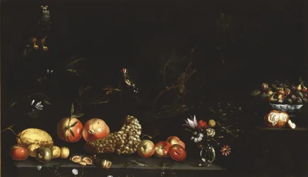Natura morta con frutta, fiori, un falco e un cardellino