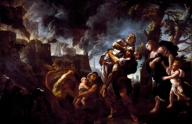 Enea in fuga da Troia. Enea, portando Anchise, fuggì dalla città caduta nelle mani degli Achei. 1675-1680. Genova, Galleria Nazionale di Palazzo Spinola