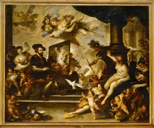 Rubens al lavoro mentre dipinge: Allegoria della Pace ... (dipinto su tela)