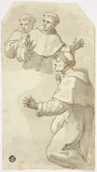 Tre monaci sbigottiti, uno inginocchiato, due in piedi