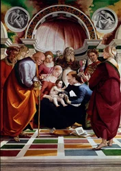 La circoncisione. Tra i personaggi rappresentati: San Giuseppe, la Vergine Maria, Gesù Cristo e San Simeone. Dipinto di Luca Signorelli