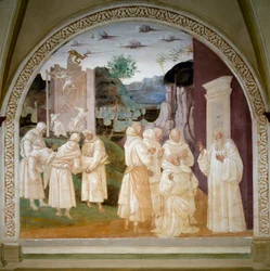 Vita di San Benedetto: San Benedetto resuscita un monaco lavoratore nel cantiere del Monastero di Montecassino dopo il crollo di un muro a causa di un demone. Affresco di Luca Signorelli (ca. 1445-1523)