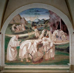 I problemi delle installazioni dei monaci a Montecassino, San Benedetto scaccia un demone da una pietra, sullo sfondo i monaci trovano un idolo nel terreno, un altro gruppo combatte contro il fuoco (Affresco)
