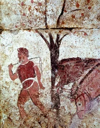 Un contadino che tira due cavalli. Affresco lucano del IV secolo a.C., dalla necropoli di Paestum, Italia. Museo nazionale archeologico, Paestum