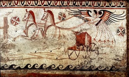 Una Vittoria su una biga. Affresco lucano del IV secolo a.C., dalla necropoli di Paestum, Italia. Museo Nazionale Archeologico, Paestum