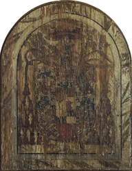 Pala Pfirtscher: Cristo come Uomo dei dolori, seduto su un sarcofago tra la Vergine e San Giovanni [pannello centrale].