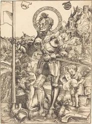 San Giorgio in piedi, con due angeli
