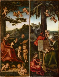 Tedesco: Heilige Familie von Engel umgeben amp; Erziehung der Jungfrau Maria (linker und rechter Flügel eines Marienaltares) La Sacra Famiglia circondata dagli angeli amp; Educazione della Vergine Maria [ala sinistra e destra di un altare femminile].