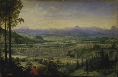 Vista di Linz con artista che disegna in primo piano, 1593