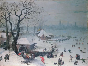 Paesaggio invernale con nevicata vicino ad Anversa