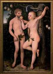 Adamo ed Eva. Dipinto di Lucas Cranach il Vecchio (1472-1553), circa 1538. Arte fiamminga, XVI secolo. Galleria Nazionale, Palazzo Sternberg, Praga (Repubblica Ceca).