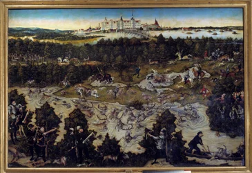 Caccia in onore di Carlo V al castello di Torgau in Germania. Dipinto di Lucas Cranach il Vecchio (1472-1553) 1544. Madrid, Museo del Prado