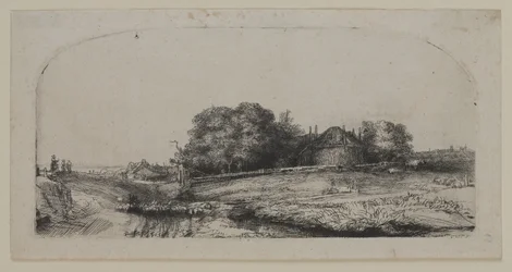 Paesaggio con fienile e gregge di pecore