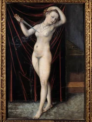Lucrezia si dà la morte. Il suicidio di Lucrezia, dama romana del VI secolo a.C. Dipinto di Lucas Cranach (1472-1553), XVI secolo. Besançon, Museo di Belle Arti