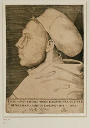 Martin Lutero con berretto da medico. Incisione ... (incisione)