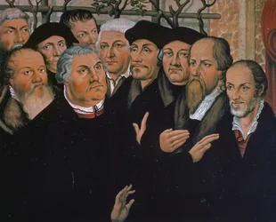 Martin Lutero con rappresentanti della Riforma protestante, a destra Melantone, al centro Erasmo da Rotterdam, dettaglio della Resurrezione di Lazzaro, dipinto di Lucas Cranach il Vecchio (1472-1553)