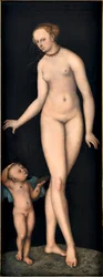Venere con Cupido il ladro di miele, di Cranach, Lucas il Vecchio. Olio su legno, dopo il 1537. Dimensioni: 175,4x66,3 cm. Germanisches Nationalmuseum, Norimberga