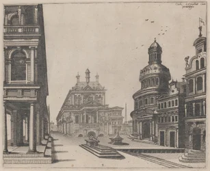 Angolo di un palazzo con colonnato e edificio circolare
