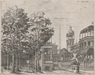 Paesaggio con alberi, due cervi e un cortile di palazzo