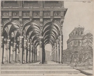 Loggia con termini di satiro e un giardino