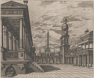 Piazza della città con colonnato a sinistra