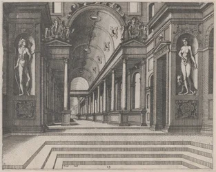 Veduta di una chiesa con colonne corinzie e statue di Apollo, Melpomene e Mosè
