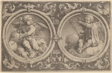 Due Cupidi Seduti su Nuvole in Due Cerchi