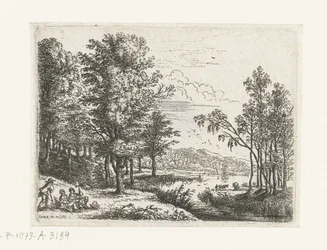 Paesaggio con tre figure vicino a un lago