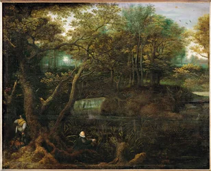 Il pescatore allo stagno nel bosco (dipinto su legno di quercia)