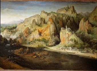 Paesaggio montano con camino (olio su tela)