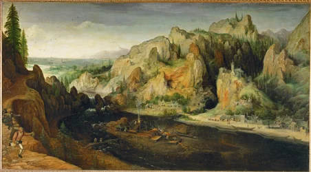 Paesaggio montano con briganti e altoforno, 1558 circa (dipinto su tela)