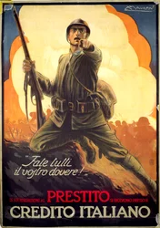 Poster di propaganda italiana della Prima Guerra Mondiale che pubblicizza i buoni di guerra