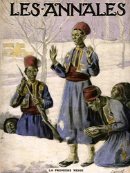La prima neve: un gruppo di scaramantici senegalesi scopre la neve (incisione)