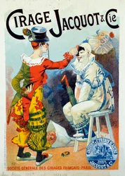 Pubblicità per il lucido Jacquot. Due clown che si truccano con il lucido. Disegno di Lucien Lefevre (1850-?). 1894 Parigi. Arti Decorative - Pubblicità per il lucido Jacquot: Due clown che si truccano con il lucido per scarpe, di Lucien Lefevre