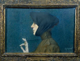 Ritratto di una Donna con un Medaglione. Donna di Profilo che Sostiene il suo Pendente davanti a lei