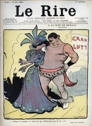 Alla festa di Neuilly: cura - una donna vestita elegantemente parla con un lottatore disegnato da Lucien Marie Francois Metivet - il riso dell