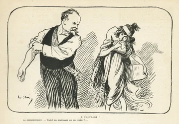 Illustrazione in Le Rire, 01/02/13 - Al lavoro - Medico, Presidente della Repubblica, Costituzione, Stupro - Poincaré Raymond - Deformazioni fisiche