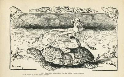 Illustrazione in Le Rire, 05/10/12 - I tortuosi sentieri della pace Italo turca - Guerra, Turchia, Italia, Pace - Tartaruga - Animazione, Allegoria