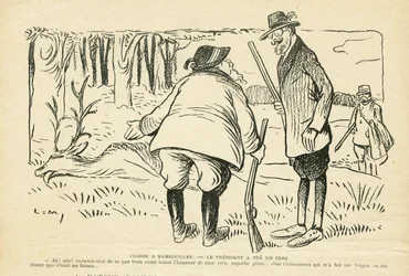 Illustrazione in Le Rire, 05/12/08 - Caccia a Rambouillet - Natura Vegetazione, Caccia cacciatore, Presidente della Repubblica, Rambouillet - Clemenceau Georges, Fallieres Armand (1841-1931), Cervo
