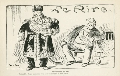 Illustrazione in Le Rire, 27/07/12 - Confidenza al bey - Colonizzazione - Fallieres Armand, Naceur Bey