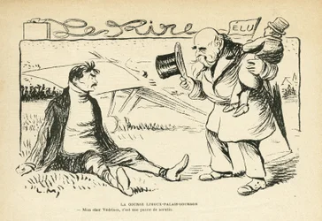 Illustrazione in Le Rire, 30/03/12 - La corsa Limoux-Palais-Bourbon - Elezioni, Aviazione - Vedrines Jules (1881-1919) (incisione)