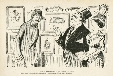 Illustrazione in Le Rire, no 481, 27/04/12 - Al ""Humorists"" del Palais des glaces - Salon des independants Humoristes (incisione)