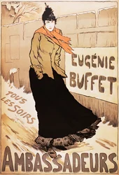 Poster vintage della cantante francese Eugenie Buffet che cammina nella neve