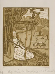 Ragazze sedute sotto un albero con cervo, incisione su legno di Lucien Pissarro (ca. 1880-1940)