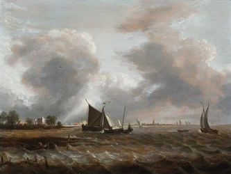 Navigazione in un estuario agitato (olio su tavola)