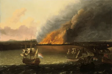 Paesaggio marino con un incendio in lontananza, 1667