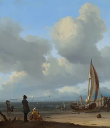 Olandese: Zeegezicht met figuren bij een vissersboot op het strand Un vasto paesaggio marino con figure vicino a una barca su una riva vicino a Huisduinen