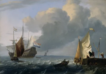 Fregata olandese e altre navi al largo della costa, 1690 circa (olio su tavola di quercia)